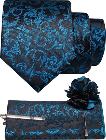 JEMYGINS Mens Floral Tie and Lapel Pin Necktie Pocket Square and Tie Clip with Sets for Business Casual 4PCS