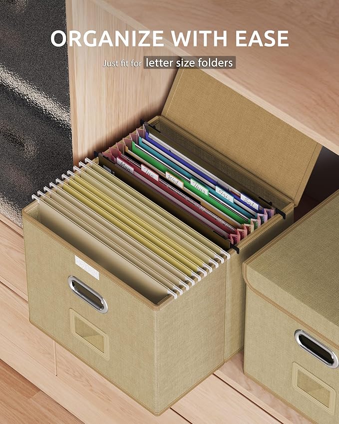 Oterri 3 Pack File Organizer Box,File Box,Small File Cabinet for Letter Folders,Khaki Portable Filing Box,Hanging File Folder Organizer with Lid for Office/Decor/Home- without Folders