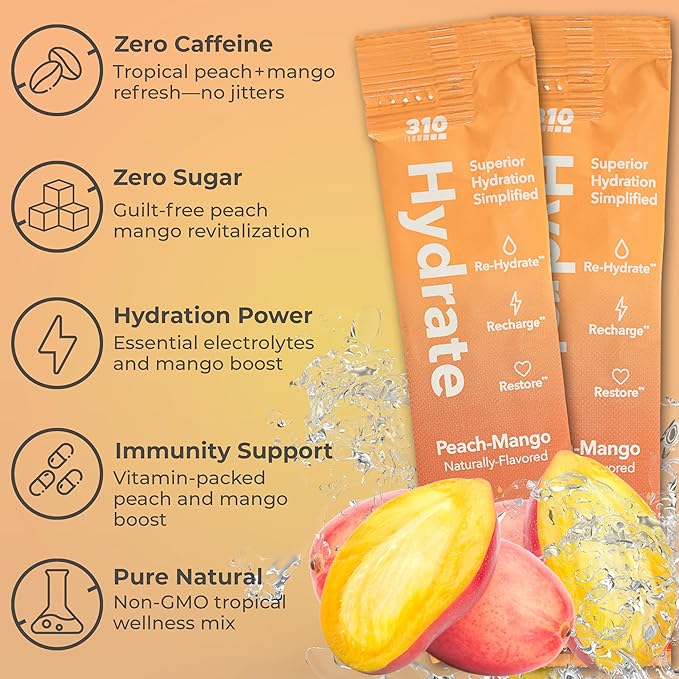 310 Nutrition Sugar Free Electrolytes Powder - Instant Hydration Packets for Daily Fluid Balance - Caffeine-Free Rehydration Drink Mix w/Vitamins, Low Calorie & Keto Friendly - Peach Mango 15 Singles