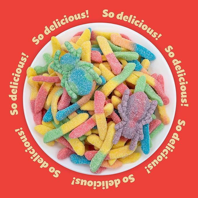 Sour Gummy Worms & Spiders Candy | 2-Pound Pack | Bulk Gummy Candy Mix | Neon Gummies for Party Favors, Dessert Decorating, Gifting and Everyday Snacking