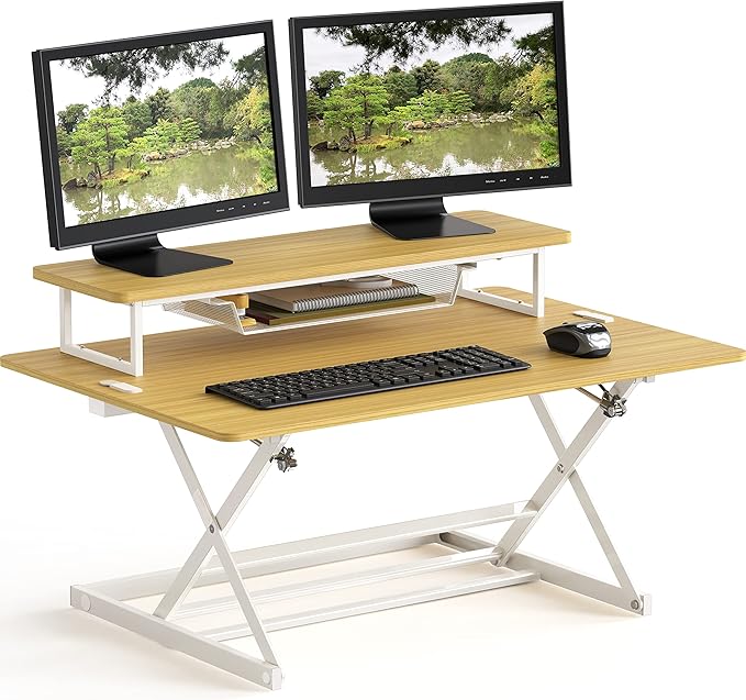SHW 36-Inch Over Desk Height Adjustable Standing Desk with Monitor Riser, Oak