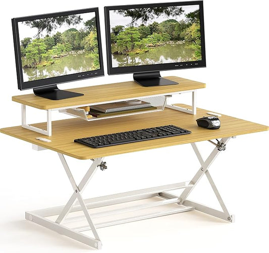 SHW 36-Inch Over Desk Height Adjustable Standing Desk with Monitor Riser, Oak