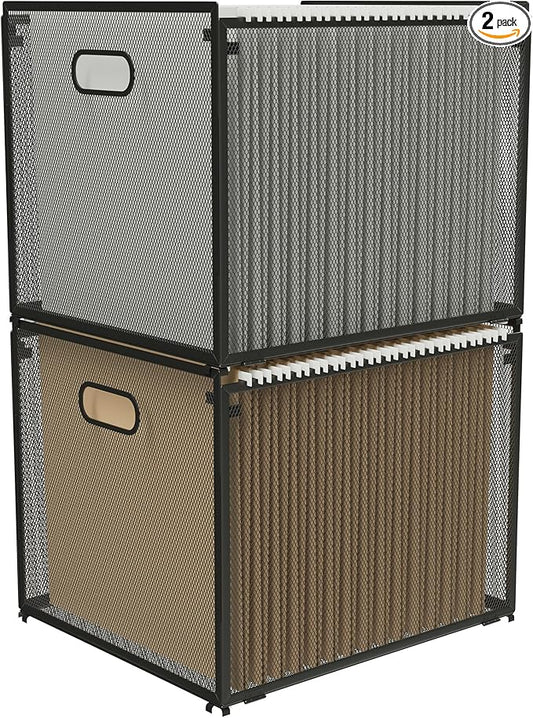 2 Pack Hanging File Box - Stackable Mesh File Folder Organizer with Handles, Fits Letter Size, Compatible with Kallax, Durable Metal File Organizer for Home Office Storage - 13.9"x12.3"x11.1"