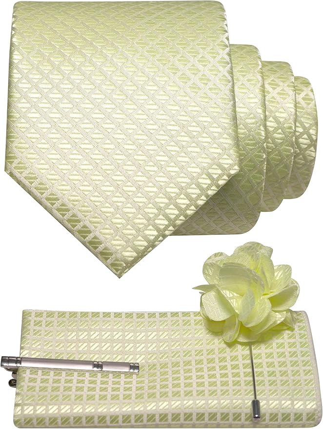JEMYGINS Mens Solid Color Plaid Tie and Lapel Pin Necktie Pocket Square and Tie Clip with Sets for Business Casual 4PCS