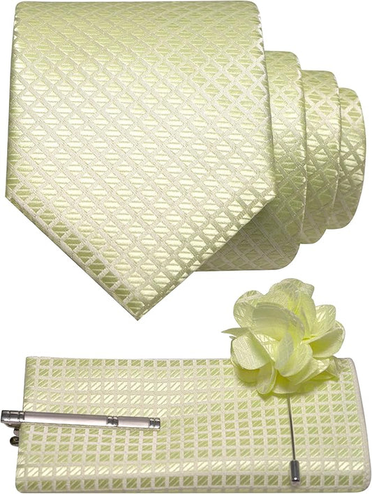 JEMYGINS Mens Solid Color Plaid Tie and Lapel Pin Necktie Pocket Square and Tie Clip with Sets for Business Casual 4PCS