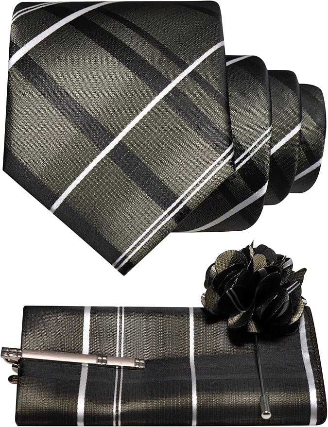 JEMYGINS Mens Striped Tie and Pocket Square with Tie Clip Lapel Pin Set 4PCS