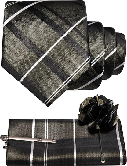 JEMYGINS Mens Striped Tie and Pocket Square with Tie Clip Lapel Pin Set 4PCS