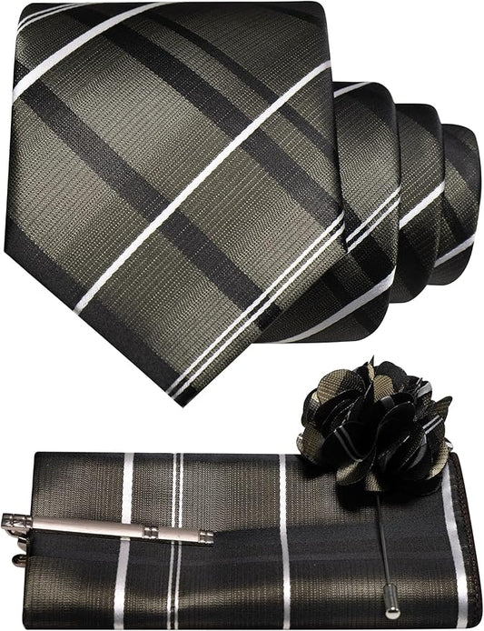 JEMYGINS Mens Striped Tie and Pocket Square with Tie Clip Lapel Pin Set 4PCS