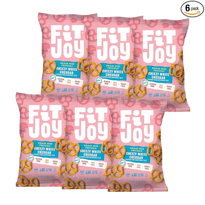 FitJoy White Cheddar Pretzels (Pack of 6, 4.5 Oz) - Dairy, Nut & Gluten Free Snacks - Grain Free Cassava Root & Chickpea Flour Vegan Pretzel Twists - Classic Snack Pretzels for Moms and More