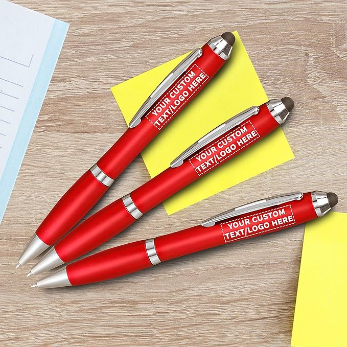 DISCOUNT PROMOS Custom Plastic Stylus Pens Set of 50, Personalized Bulk Pack - Black Ink, Great for Office, School, Business, Tradeshows, Events - Red