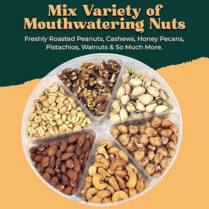 Nuts gift Basket Platter With a Variety of Freshly Roasted Nuts - Beautifully Packaged Gift for Birthday, Sympathy Basket. (6 Sectional Ultimate)