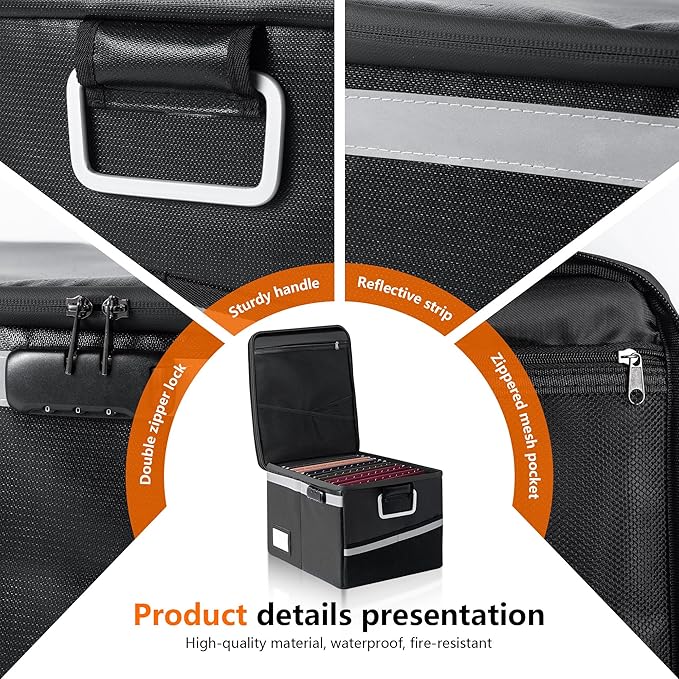 Fireproof Document Box,Portable File Organizer with Lock,Water-Resistant Document Organizer Collapsible File Cabinets for Home Office Safe Storage Box for Hanging Letter/Legal Folders-Orange