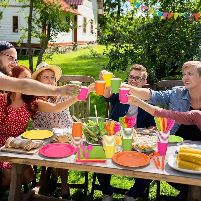durony 350 Pieces Neon Party Supplies Paper Plates Serve 50 Guests 7 Inch 9 Inch Dinner Plates Napkins Paper Cups Cutlery Bright Color Disposable Glow Party Tableware for Fiesta Neon Birthday