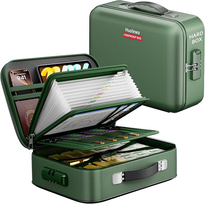 Fireproof Document Box, Hard Case Fireproof Box with Lock, Portable Hard-Shell Fireproof Water Resistant Document Safe for Important Documents, Laptops, Passports, Files and More (Green)