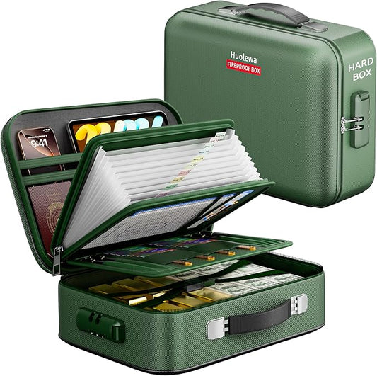 Fireproof Document Box, Hard Case Fireproof Box with Lock, Portable Hard-Shell Fireproof Water Resistant Document Safe for Important Documents, Laptops, Passports, Files and More (Green)