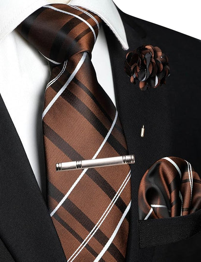JEMYGINS Mens Striped Tie and Pocket Square with Tie Clip Lapel Pin Set 4PCS