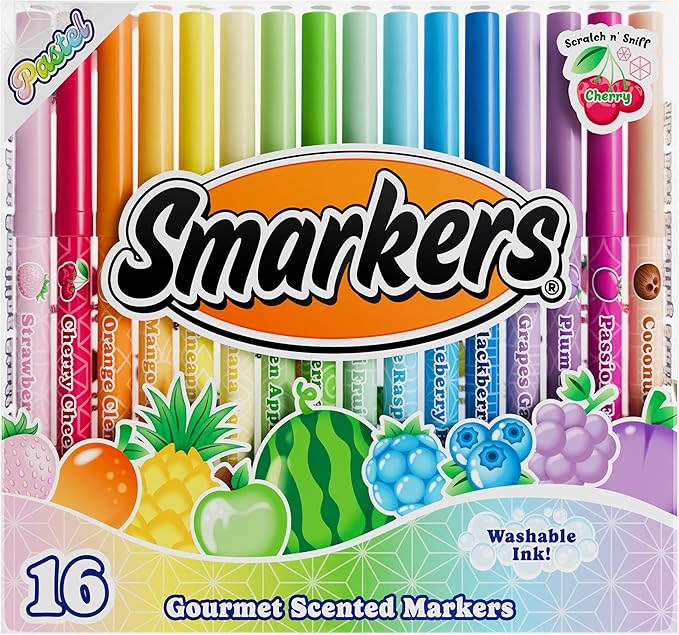 Pastel Smarkers - Washable Patented Gourmet Scented Pastel Markers, Assorted Colors, Standard Point Felt Tip, 16 Count