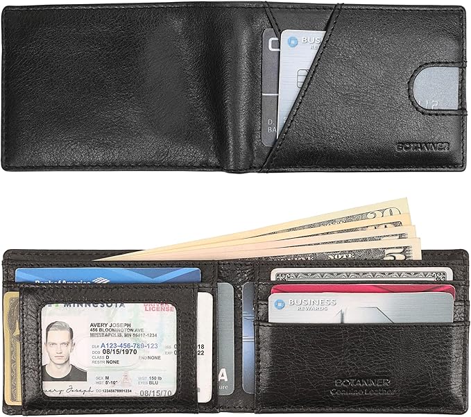 Genuine Leather Mens Bifold Wallet RFID Blocking 7 Credit Card Slots 1 ID Window 1 Section for Bills 2 Additional Slots | Jet black