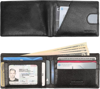 Genuine Leather Mens Bifold Wallet RFID Blocking 7 Credit Card Slots 1 ID Window 1 Section for Bills 2 Additional Slots | Jet black