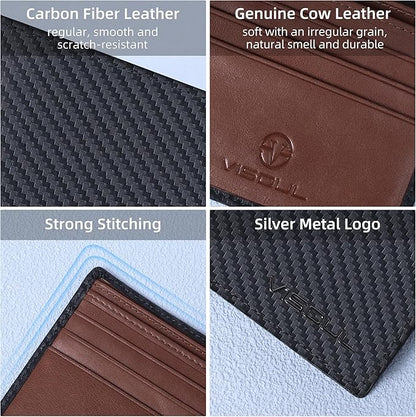 VISOUL Leather Mens Bifold RFID Blocking Wallet with 2 ID Windows, Leather Wallet for Men (Carbon Fiber, Black+Brown)