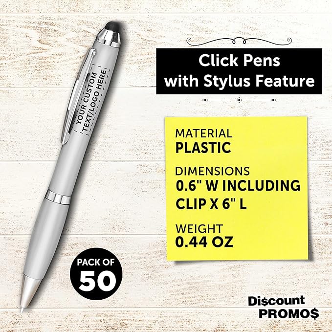 DISCOUNT PROMOS Custom Plastic Stylus Pens Set of 50, Personalized Bulk Pack - Black Ink, Great for Office, School, Business, Tradeshows, Events - Silver