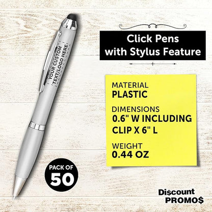 DISCOUNT PROMOS Custom Plastic Stylus Pens Set of 50, Personalized Bulk Pack - Black Ink, Great for Office, School, Business, Tradeshows, Events - Silver
