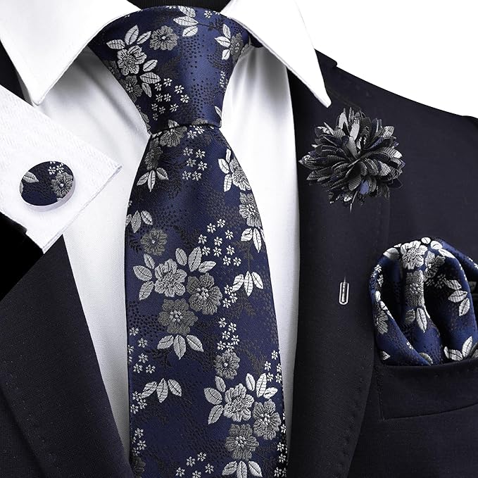 GUSLESON 3.15"（8cm） Mens Floral Tie and Lapel Pin Necktie Hankerchief Cufflinks Set for Men