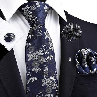 GUSLESON 3.15"（8cm） Mens Floral Tie and Lapel Pin Necktie Hankerchief Cufflinks Set for Men
