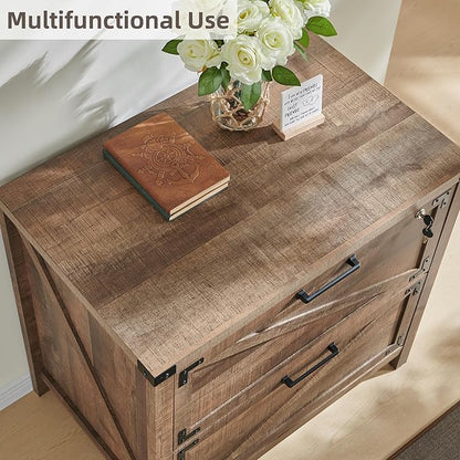JXQTLINGMU 2 Drawer Farmhouse File Cabinet, Lateral Filing Cabinet with Lock for Home Office, Compatible Legal Letter A4 F4 Size, Warm Brown