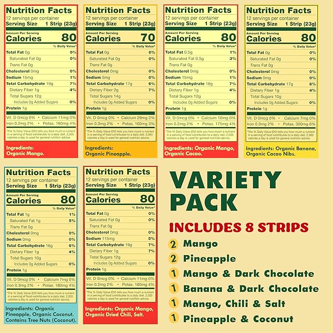 SOLELY - Organic Fruit Jerky Variety Pack - 8 Flavors, 8 Individually Wrapped Fruit Strips - Fruit Leather - Healthy Snacks for Adults & Kids - Non GMO, Vegan - 0.8oz (23g)