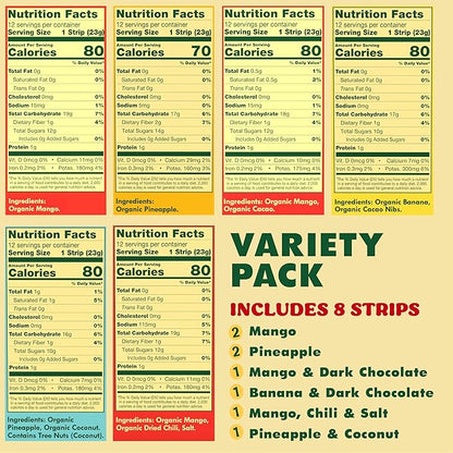 SOLELY - Organic Fruit Jerky Variety Pack - 8 Flavors, 8 Individually Wrapped Fruit Strips - Fruit Leather - Healthy Snacks for Adults & Kids - Non GMO, Vegan - 0.8oz (23g)