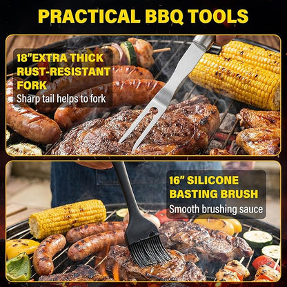 BBQ Grill Accessories Set, Grill Tools Grilling Accessories Grilling Gifts for Men - Spatula, Fork, Brush, Tongs & Cleaning Brush - Outdoor Barbecue Utensils Gifts for Men Dad Him (Sliver)