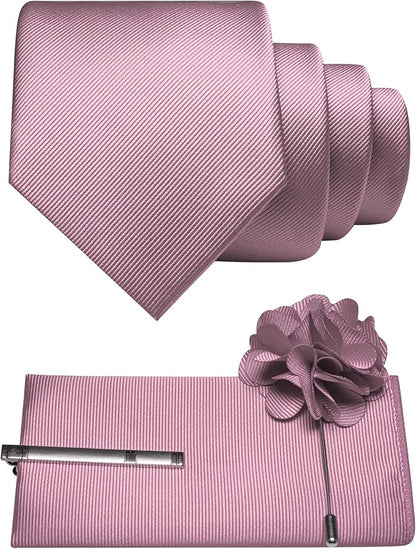 JEMYGINS Formal Necktie Solid Color Tie and Pocket Square with Tie Clip Lapel Pin Sets for Men 4PCS