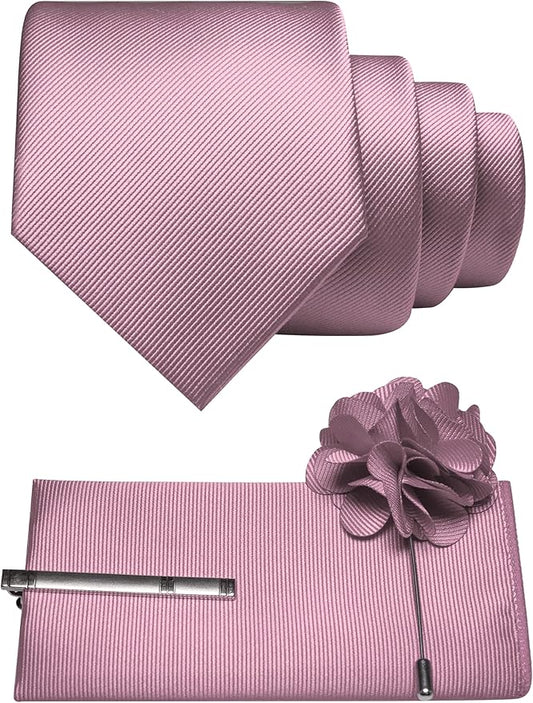 JEMYGINS Formal Necktie Solid Color Tie and Pocket Square with Tie Clip Lapel Pin Sets for Men 4PCS