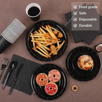 durony 350 Pieces Black Paper Dinnerware Set 7 Inch 9 Inch Disposable Dinner Plates Serve 50 Guests Paper Cup Cutlery Napkins Solid Color Party Supplies for Birthday Wedding Party Family Picnic