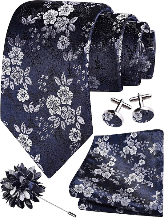 GUSLESON 3.15"（8cm） Mens Floral Tie and Lapel Pin Necktie Hankerchief Cufflinks Set for Men