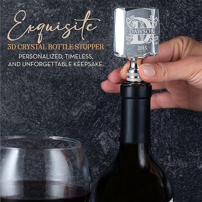 Personalized Crystal Wine Stopper - Custom Engraved Initial, Name & Date - 3D Glass Bottle Stopper with 6 Design Options - Rectangular, Included Gift Box