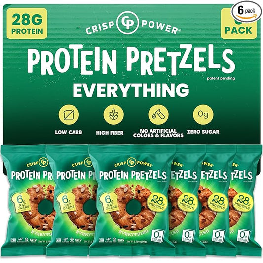 Crisp Power Protein Pretzels, Everything, High Protein Vegan Keto Snack, 28 G Plant Based Protein, Low Carb Crunchy Pretzel Snacks, No Added Sugar, No Seed Oils, 1.75 oz Bags, 6 Pack