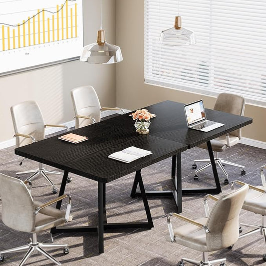 Tribesigns 31.5" Square Conference Table Set of 2, 63" Industrial Office Meeting Table for 4-6 People, Business Podcast Furniture with Metal Base for Small Spaces, Office Conference, Black