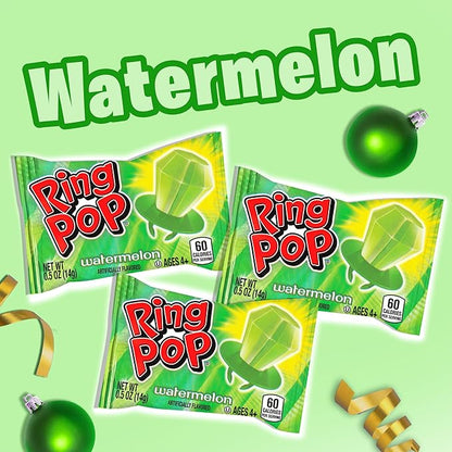 Ring Pop Green Halloween Candy Lollipops, 30Ct Bulk Candy Individually Wrapped in Green Watermelon Flavor, Full Size, Fun Hard Candy For Trick or Treat, Halloween Bowls, Gifts, Party Favors for Kids