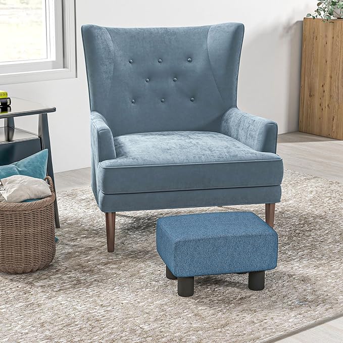 HOMCOM Ottoman Foot Rest, Small Foot Stool with Linen Fabric Upholstery and Plastic Legs, Cube Ottoman for Living Room, Blue