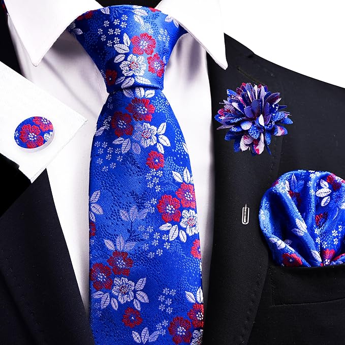 GUSLESON 3.15"（8cm） Mens Floral Tie and Lapel Pin Necktie Hankerchief Cufflinks Set for Men