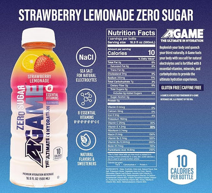 A-Game Zero Sugar Sports Drink, Strawberry Lemonade Zero, Sugar Free Hydration Sports Beverage, 8 Vitamins Plus Electrolytes, Natural Flavors, Gluten Free & Keto Friendly, 16.9 Fl Oz (Pack of 12)