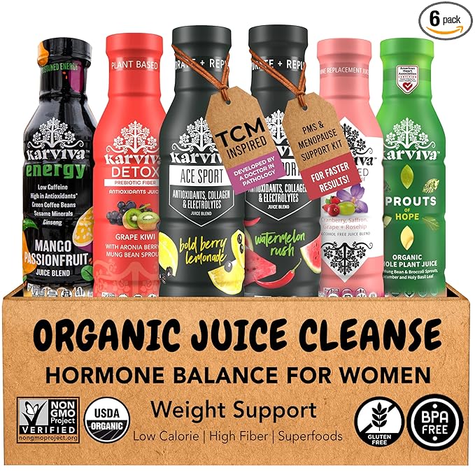 Karviva Juice Cleanse For Women's Health & Hormonal Balance | Ancient Remedies For Weight Control, Energy Boost, Skin Health | Detox, Energy, Collagen Boost, and Destress | TCM-Inspired Relief | Non-GMO, 6 BPA-Free Bottles