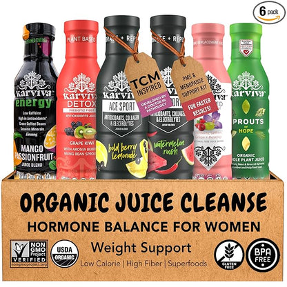 Karviva Juice Cleanse For Women's Health & Hormonal Balance | Ancient Remedies For Weight Control, Energy Boost, Skin Health | Detox, Energy, Collagen Boost, and Destress | TCM-Inspired Relief | Non-GMO, 6 BPA-Free Bottles