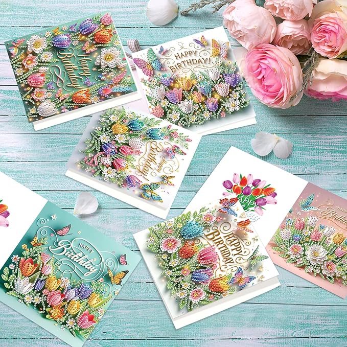 jinglinhh 12pcs Diamond Art Painting Flower Bouquet Handbag Greeting Cards with Envelopes, DIY Card Making Kits for Adults, Diamond Art Postcards Christmas Cards Craft Gifts