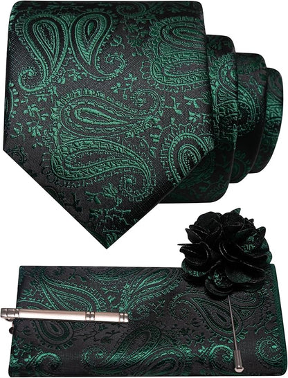 JEMYGINS Mens Paisley Tie and Lapel Pin Necktie Pocket Square and Tie Clip with Sets for Business Casual 4PCS