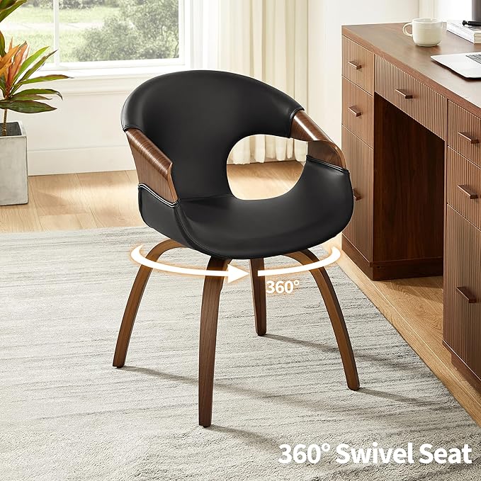 Art Leon Desk Chair No Wheels Set of 2, Mid Century Modern Office Chair, Faux Leather Upholstered Swive Chair with Wood Legs for Living Room Bedroom, Walnut Bentwood, Black/Walnut