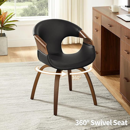 Art Leon Desk Chair No Wheels Set of 2, Mid Century Modern Office Chair, Faux Leather Upholstered Swive Chair with Wood Legs for Living Room Bedroom, Walnut Bentwood, Black/Walnut