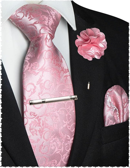 JEMYGINS Mens Floral Tie and Lapel Pin Necktie Pocket Square and Tie Clip with Sets for Business Casual 4PCS